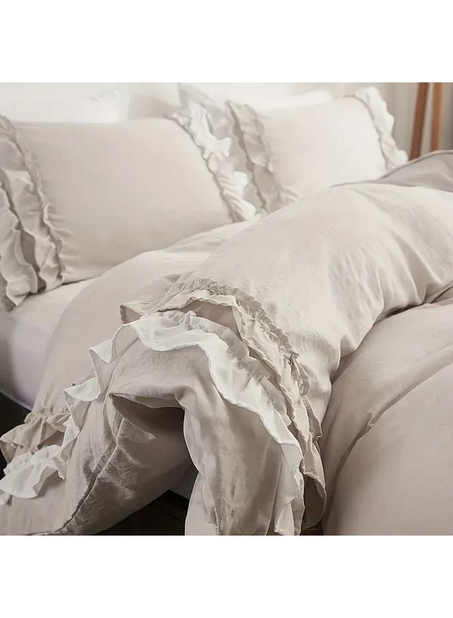 Queen Size Duvet Cover Set White Camel Polyester Ruffle Bedding Boho Style - Image 4